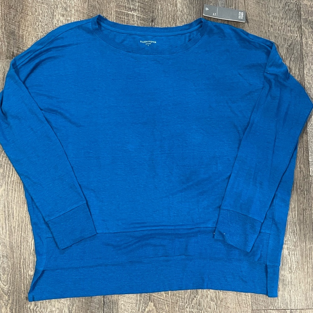 Eileen Fisher 100% Linen Top Womens Size Small Blue Slub Jersey Oversized